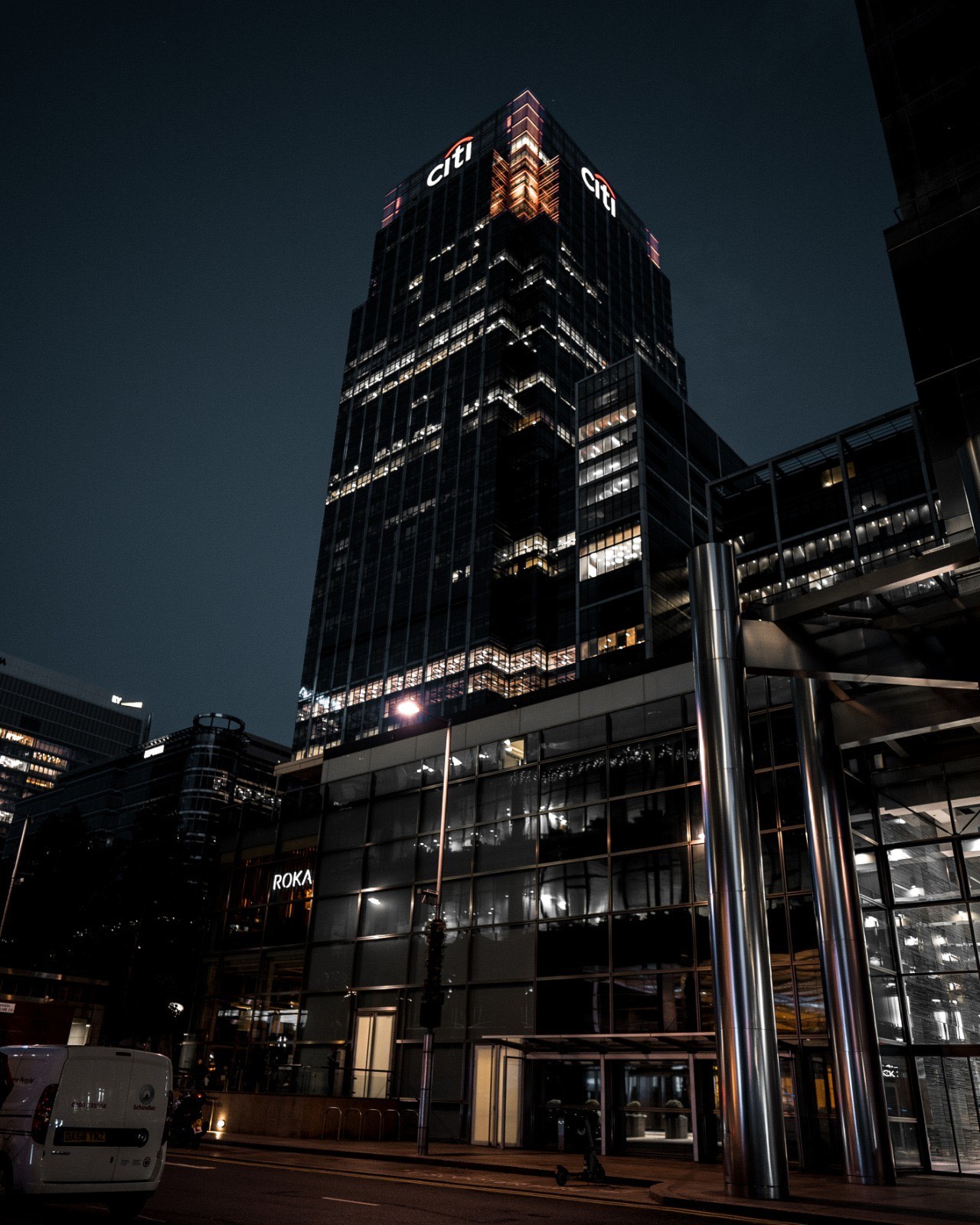 Canary Wharf, London at night, the world founders operate in